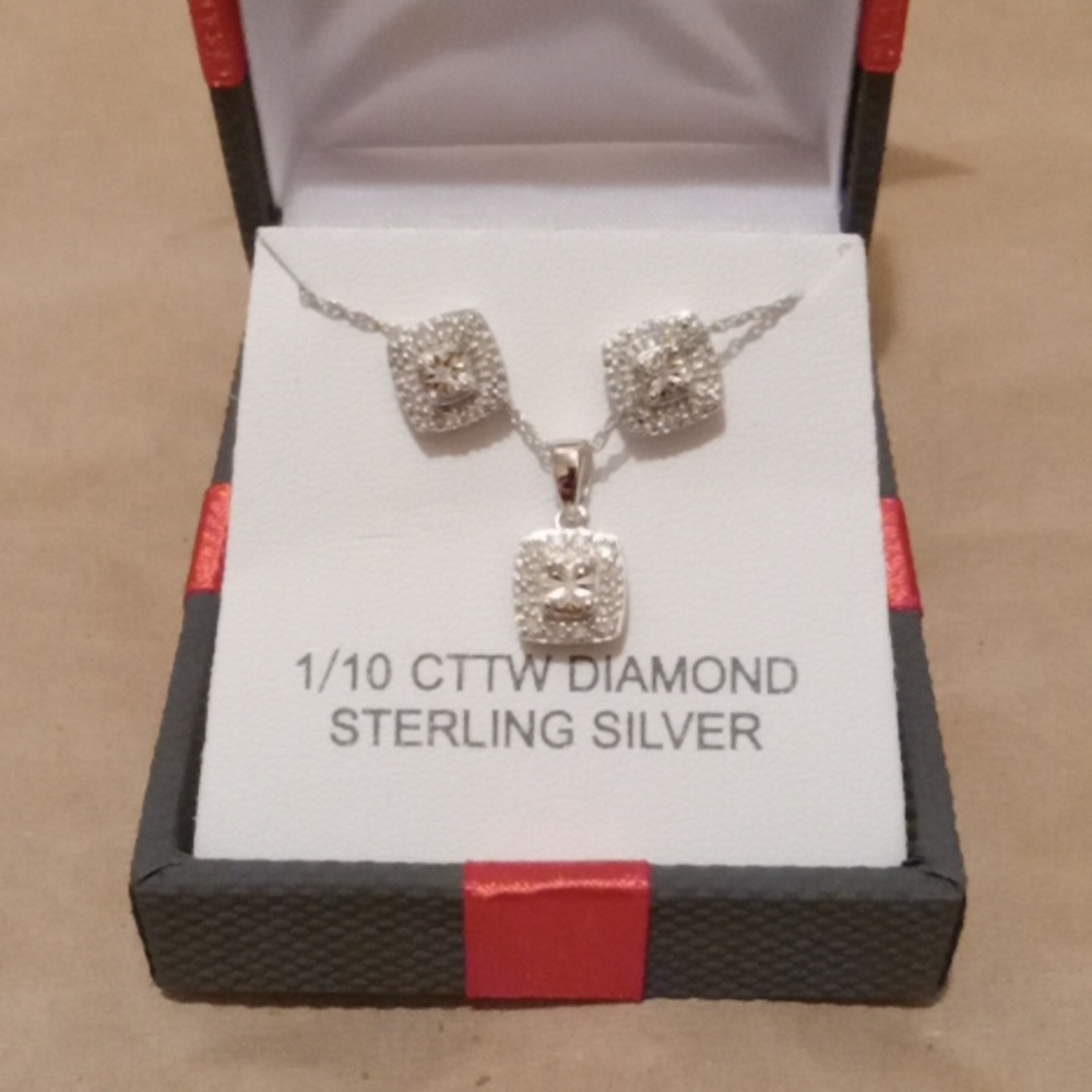 1/10 CTTW Diamond Necklace and Earrings with Sterling Sliver